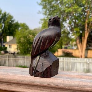 Vintage Wooden Hand Carved Bird Eagle Hawk Statue Figurine Solid Wood 5.5”